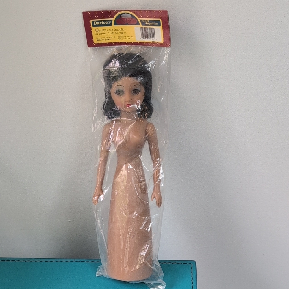 Vintage Darice 13" Craft Doll with Black Hair and Tan Skin New Old Stock